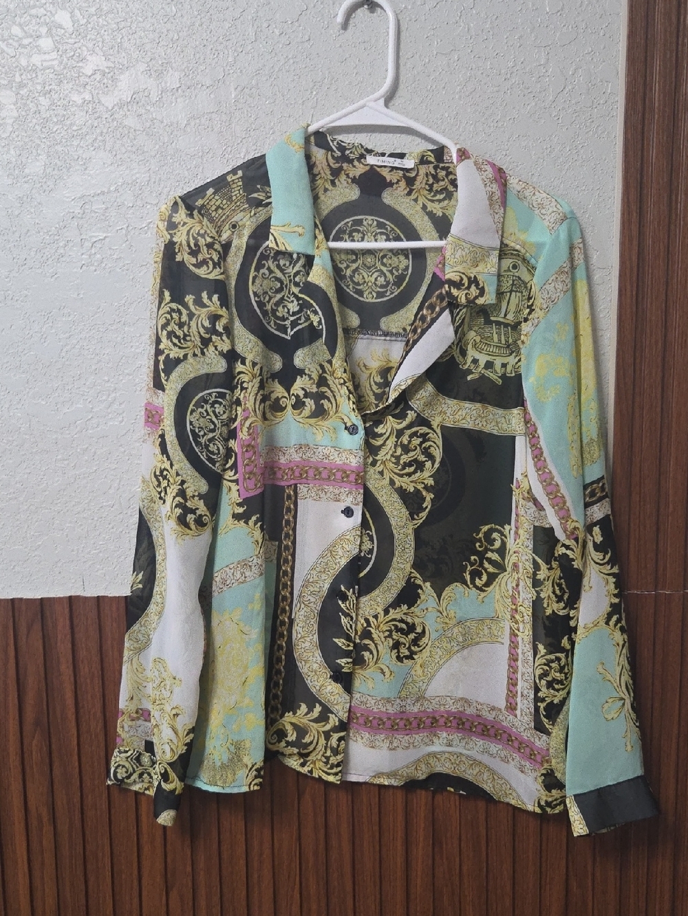 Timing Baroque Print Button-Up Blouse in Black, Mint, White & Gold P2p 21